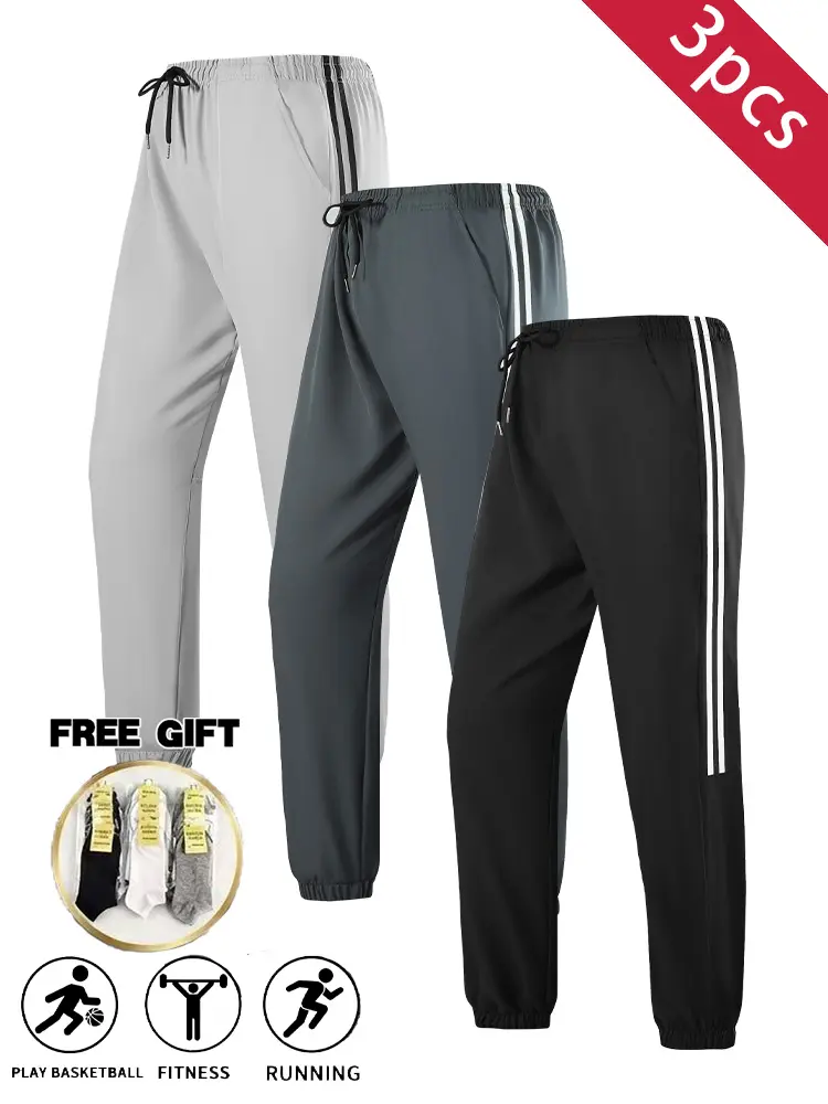 3PCS summer lightweight men’s ice silk joggers with side stripes, casual long pants for fitness, running, and basketball, versatile loose fit men’s pants, suitable for summer running, workouts, and basketball, includes socks