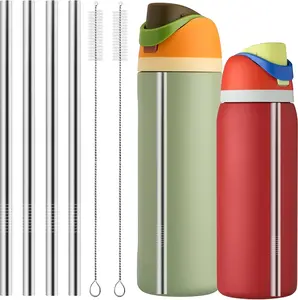 Metal Replacement Straws for Owala Water Bottle 24oz 32oz, Reusable Stainless Steel Straws with Cleaning Brushes, 4 Pack