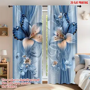 Blue Floral Print Curtains, 2 Piece Set Modern Design, Durable Polyester Fabric, Ideal for Living Room and Bedroom Home Decor