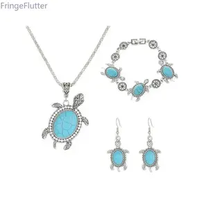 Women’s Boho Turquoise Turtle Jewelry Set | Necklace, Bracelet & Dangle Earrings, Vintage Statement Pieces for Daily, Beach, Festivals & Gifting