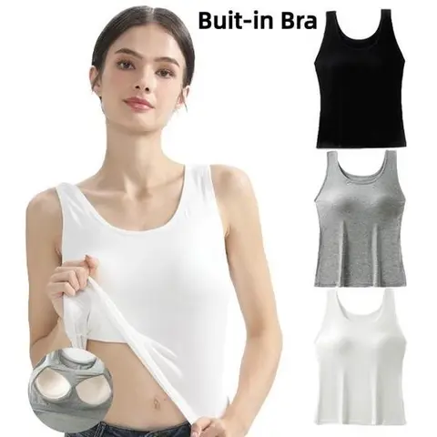 QETLAN Women's 3-Pack Fitted U-Neck Camisoles with Built-in Padded Bra - Lightweight, Breathable, Stretch Tank Tops for Everyday Summer, Beach Casual Wear (No Bulky Feel)