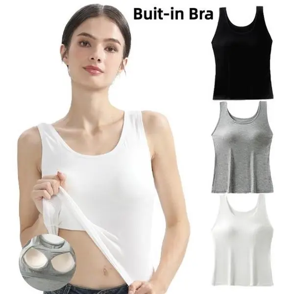 QETLAN Women's 3-Pack Fitted Camisoles with Built-in Padded Bra - Lightweight, Breathable, Stretch U-Neck Tank Tops for Everyday Summer Beach Wear, Women's Clothes, No Bulky Feel Clothes backtoschool, Casual