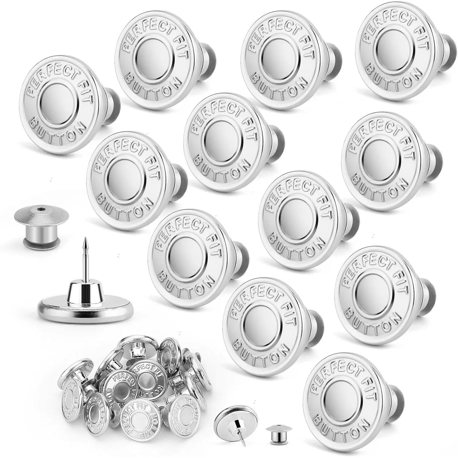 Jean Buttons for Loose Jeans, Button Pins for Jeans to Make Smaller, No Sew Button Replacement, Adjustable and   Tightener (12) (, 12set)