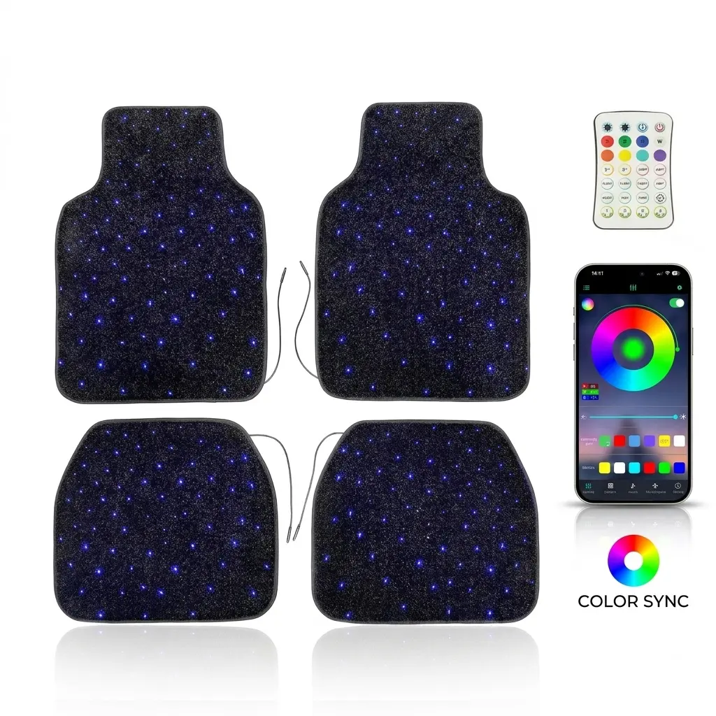Starlight LED Car Floor Mats, Universal RGB Car Interior Atmosphere Light Kit with APP & Remote Control, Music Sync, Multi‑Color Star Effect, Waterproof Washable, USB & 12V Powered Romantic Car Decor Accessories
