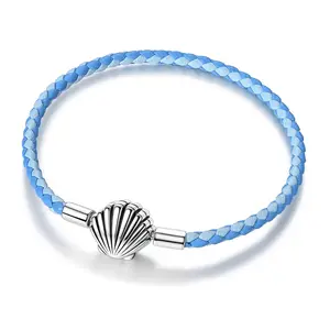 MULA Blue Leather Shell Bracelet with Sterling Silver and Cubic Zirconia Clasp - For Pandora Charm Base, Ideal Ocean Style Gift for Women, Girls, Teens in Summer