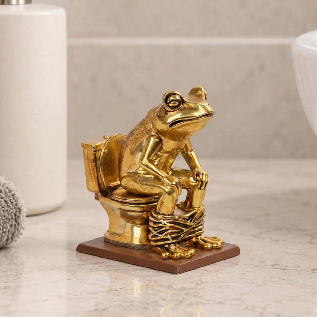 Funny Resin Frog Figurine (Electroplated) – Frog Sitting on Toilet, Handmade Bathroom Desk Decor, Gag Gift for Frog Lovers