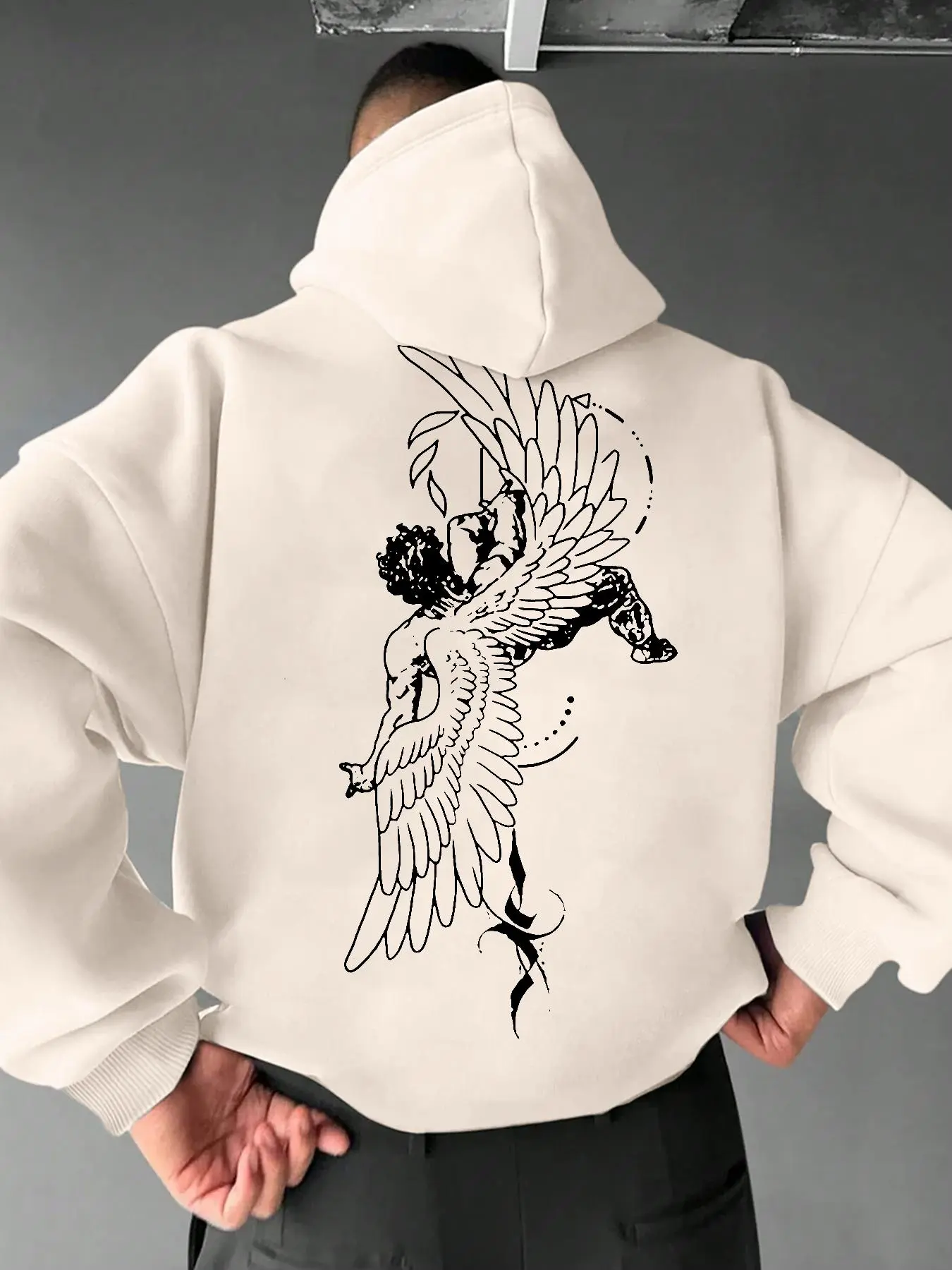 Men's Angel Wing Print Hoodie, Essential Hoodie, Menswear Tops Street Fashion Casual Loose Long Sleeve Hooded Sweatshirt for Daily Holiday Outdoor Wear, Men Clothes for Fall & Winter