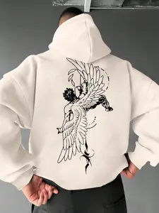 Men's Angel Wing Print Hoodie, Essential Hoodie, Menswear Tops Street Fashion Casual Loose Long Sleeve Hooded Sweatshirt for Daily Holiday Outdoor Wear, Men Clothes for Fall & Winter