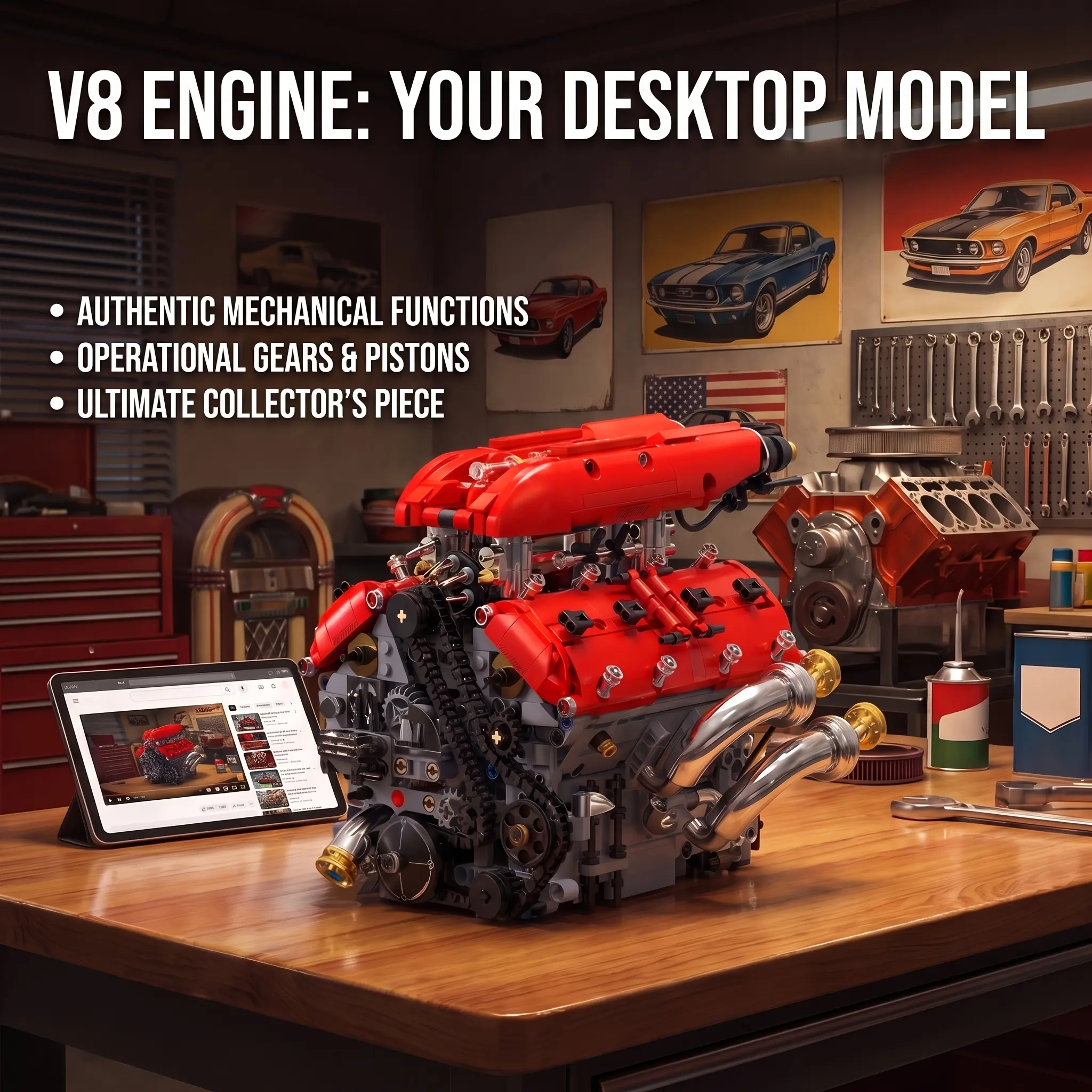 WEEKEND COME V8 Engine Assembly Kit, Working Mini V8 Engine Kit, Adult Collectible Building Block Set, Adult Engine Model Gift, Perfect As A Home Or Office Display Piece, Decorative Item