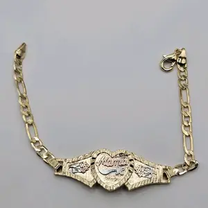 Mama Bracelet Three colors, Figaro link Style 5mm wide Laminated-Gold 7.5 inches.