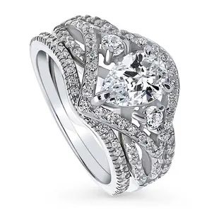 BERRICLE Sterling Silver Wishbone Woven 3-Stone Engagement Rings Statement Stackable Band for Women, 1.3 Carat Cubic Zirconia CZ Ring Set