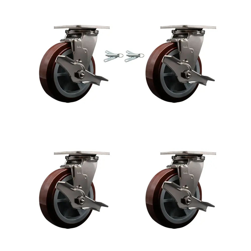 Service Caster SCC-SS31630S620-PPUB-BSL-2 316 Stainless Steel Heavy Duty Swivel Castors Set, 6 in. Polyurethane Wheels, Ball Bearings, 2 Swivel with Brakes, 3600 lbs Capacity, 7.5" h x12" w x12" l, for Commercial Equipment, Dollies, Freight Terminals