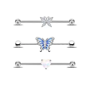 HERVAY 14G/38MM EAR INDUSTRIAL BARBELLS Stainless Steel Blue & White Silver Butterfly Piercing Jewelry for Women Men Industrial Decorative Earrings