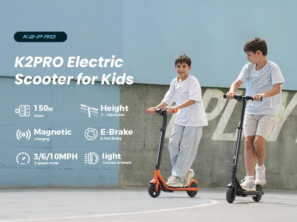 【Top Kids' Wishes】 K2PRO Kids Electric Scooter 150W Motor 3 Speed Modes LED Display Adjustable Handlebar Magnetic Charging Dual Brakes Ideal for Boys Girls Outdoor Playtime
