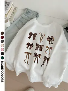 Women's Leopard Print Bowknot Sweatshirt, Feminine Casual Loose-Fit Home Wear Loungewear, Warm All-Season Top, Perfect for Autumn & Winter, Womenswear
