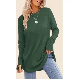 Womens Long Sleeve Tunic Tops for Leggings Slim Fit Crewneck Raglan Shirts with Thumb Holes Casual Lightweight Undershirts Soft Stretchy Base Layer Curved Hem Plain Pullover Aesthetic Basics Minimalist Streetwear 2026