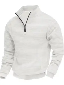 Men's spring, autumn and winter fashion solid-color semi-zipper stand-up collar long-sleeved sweatshirt, waffle patterned top, casual and versatile trendy pullover, can be worn alone or as an inner layer, with multiple styles to choose from.