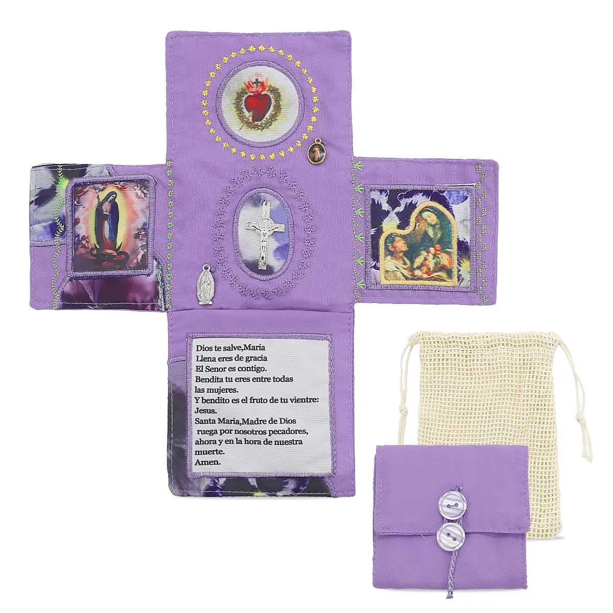 Handmade Catholic Prayer Pocket Set - Sacred Heart, Virgin Mary Crucifix, Spanish Prayer Text, Linen Drawstring Bag, Bible Card, Decor | Vintage Religious Gift for Mom, Grandma | Back to School, Independence Day, Holiday Spiritual Comfort