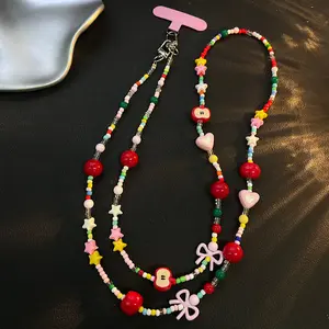 Cute Cartoon Phone Charm Sweet Girl Star Apple Beaded Rainbow Summer Crossbody Chain Phone Lanyard