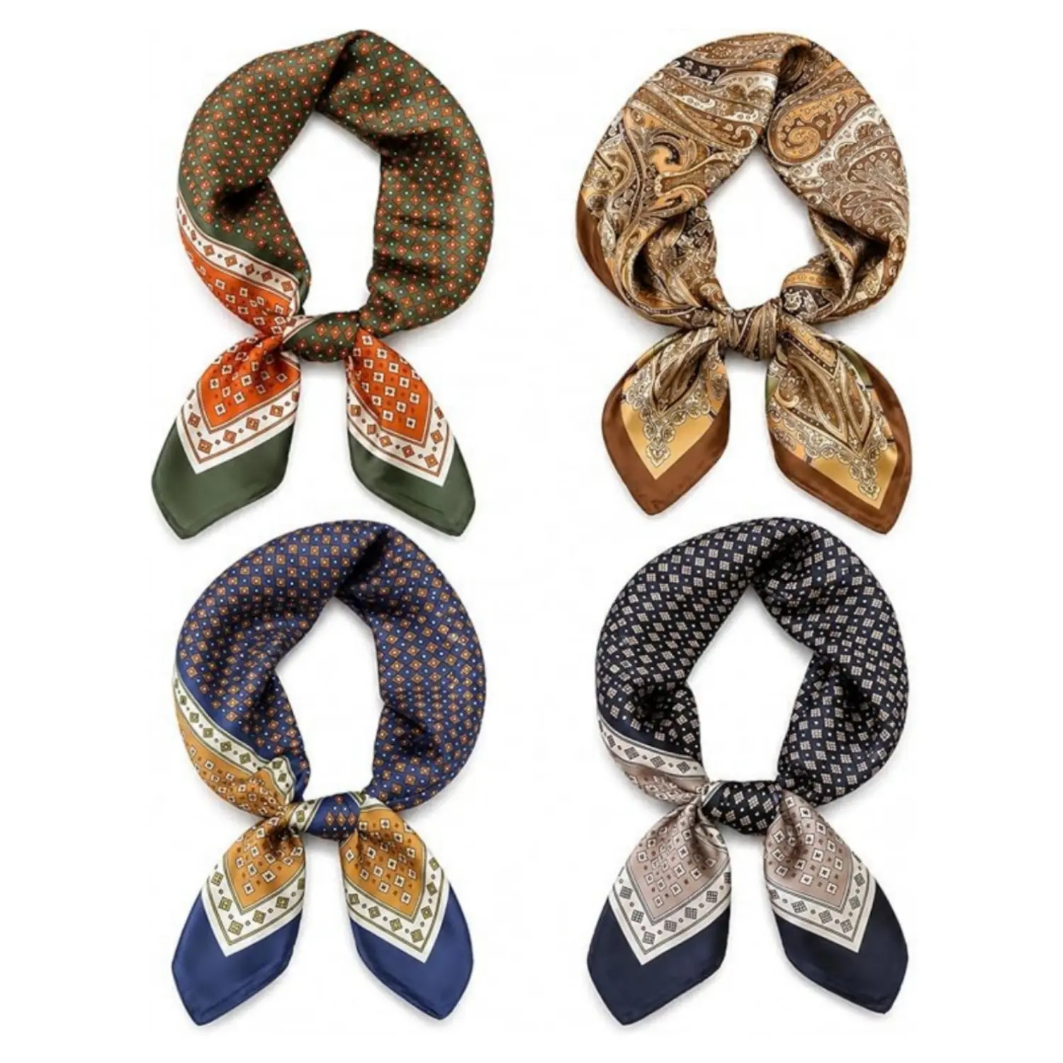 Male 4Pcs 27.5×27.5 in Vintage Silk-Feel Square Scarf - Satin Bandana, Tiny Geometry Print, Neckerchief, Head Wrap, Paisley Accent - Multi-Use Home Improvement Accessory for Party, Western Farmers