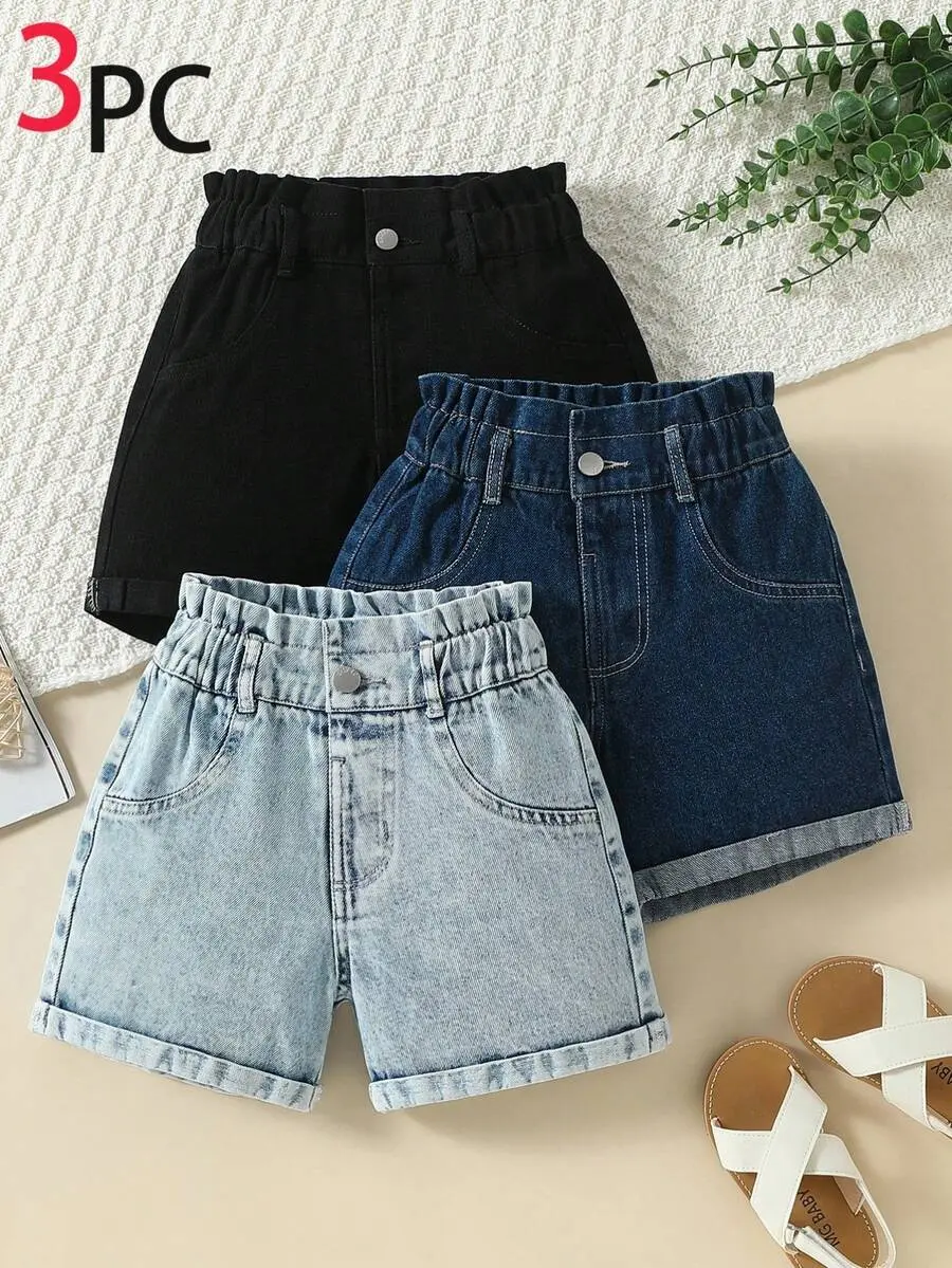 3pcs Girls Denim Shorts Set,Dark Blue Casual Washed Denim Shorts,Loose Waist Design Fashion Versatile Combo Pack For Spring/Summer,Vacation,School