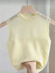 Women's Round Neck Knit Vest, Sleeveless Fine Knit Soft Backless Top, Casual Lightweight Slim Fit Sweater, Elegant Lemon Knit Vest