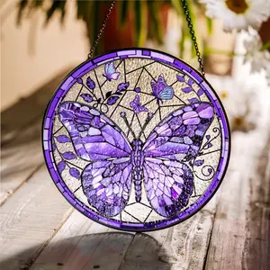 Purple Butterfly Stained Glass SunCatcher Ornament, Butterfly Light Catcher Window Hanging, Mother's Day Butterfly with Flowers Garden Decor