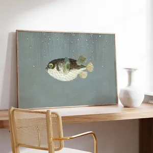 Green Bathroom Wall Decor, Sage Green Puffer Fish Wall Art, Japandi Style Horizontal Modern Bathroom, 5 Size, 8x12 to 27x40 inch, Unframed, Room Decor