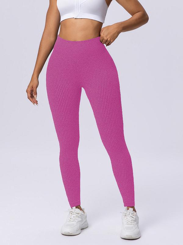 Fashion Candy Colors Women High-Waisted Butt-Lifting Tummy-Control Leggings, Soft Comfortable Breathable Elastic Ribbed Texture Sport Pants, Gym Workout Yoga Fitness Leggings, Suitable For Casual and Versatile Styles, Everyday Wear Must-Have For Wardrobe