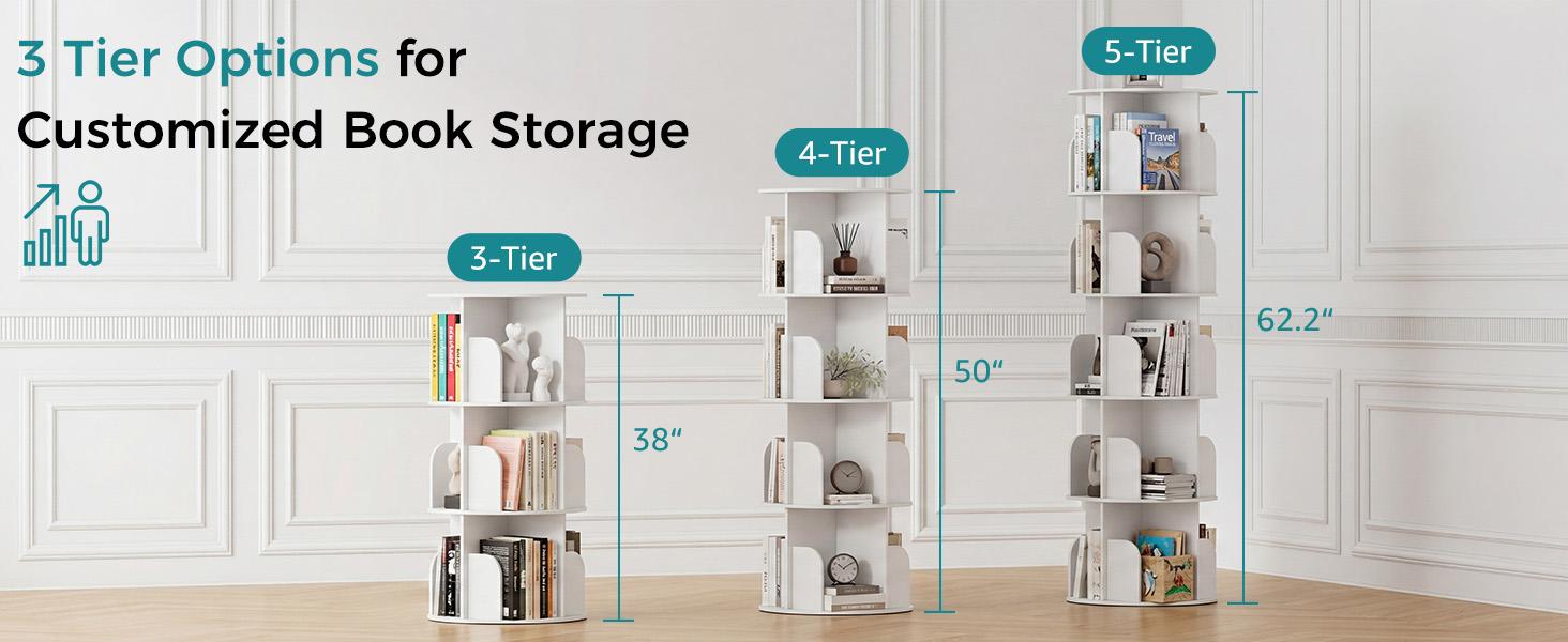 3-5 Tier Rotating Bookshelf Tower, Small Spinning Bookcase Lazy Susan | Freestanding 360° Display Revolving Book Shelf Storage Rack, Vertical Corner Organizer for Bedroom, Living Room, Modern White 3-5 Tier Rotating Bookshelf Tower, Small Spinning Bookcase Lazy Susan | Freestanding 360° Display Revolving Book Shelf Storage Rack, Vertical Corner Organizer for Bedroom, Living Room, Modern White