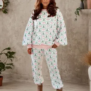 Women’s Christmas tree bow print loungewear set, made from soft polyester knit, featuring a two-piece design with a long-sleeved top and jogger pants; multifunctional casual homewear suitable for both lounging and sleepwear.