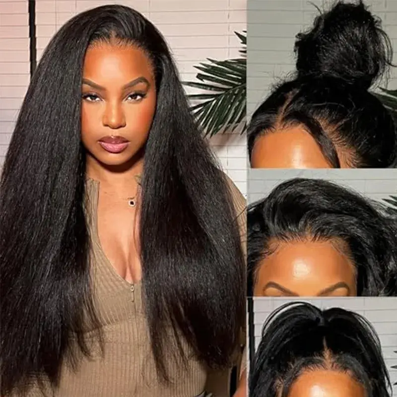 OMpretty 360 Kinky Straight Invisi Draw Strings Wear Go Glueless Pre-Bleached And Pre-Cut Lace Human Hair Wig
