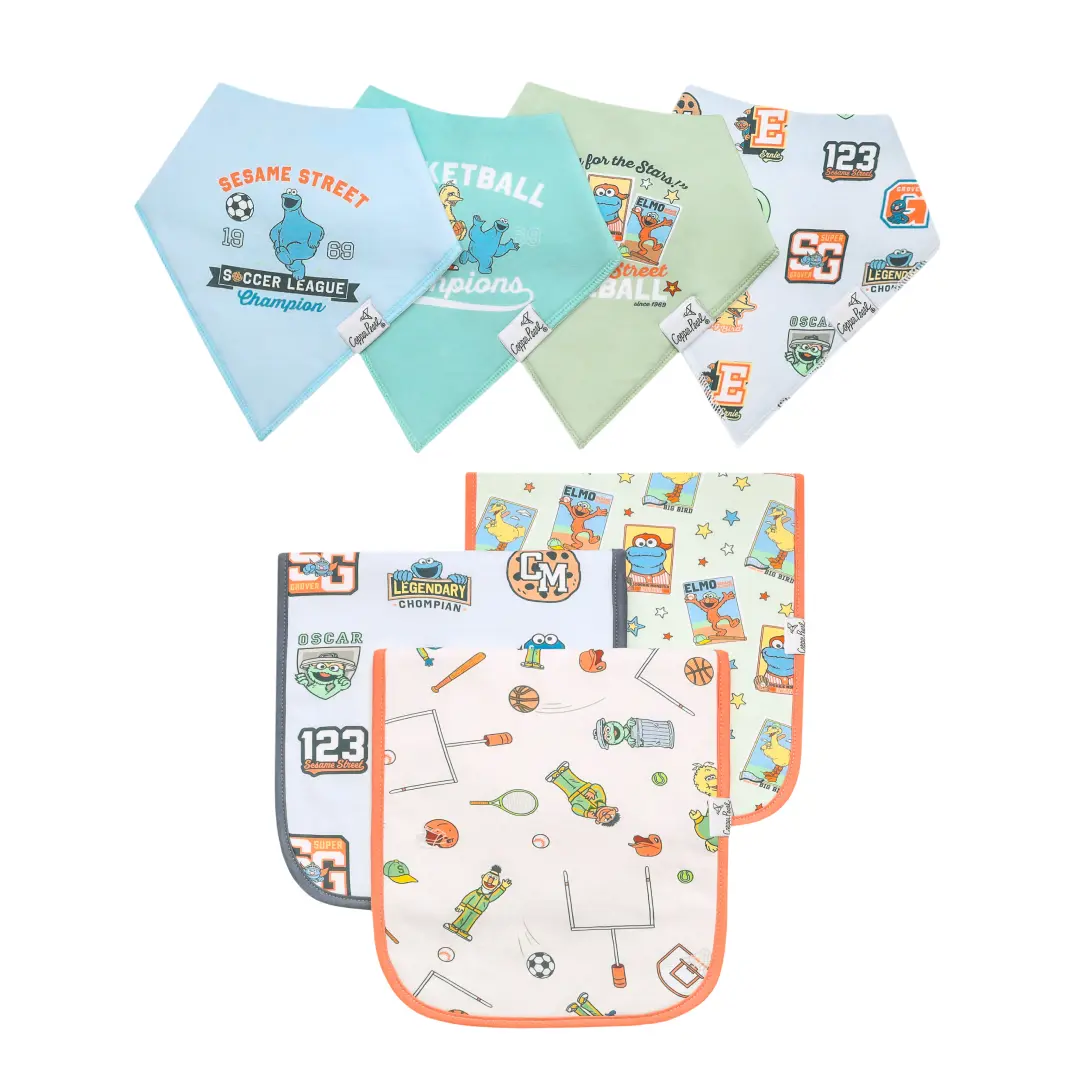 Copper Pearl Premium Bib & Burp Cloth Bundle - Sesame Street Varsity | 4 Bandana Bibs + 3 Burp Cloths | Matching Baby Feeding Essentials
