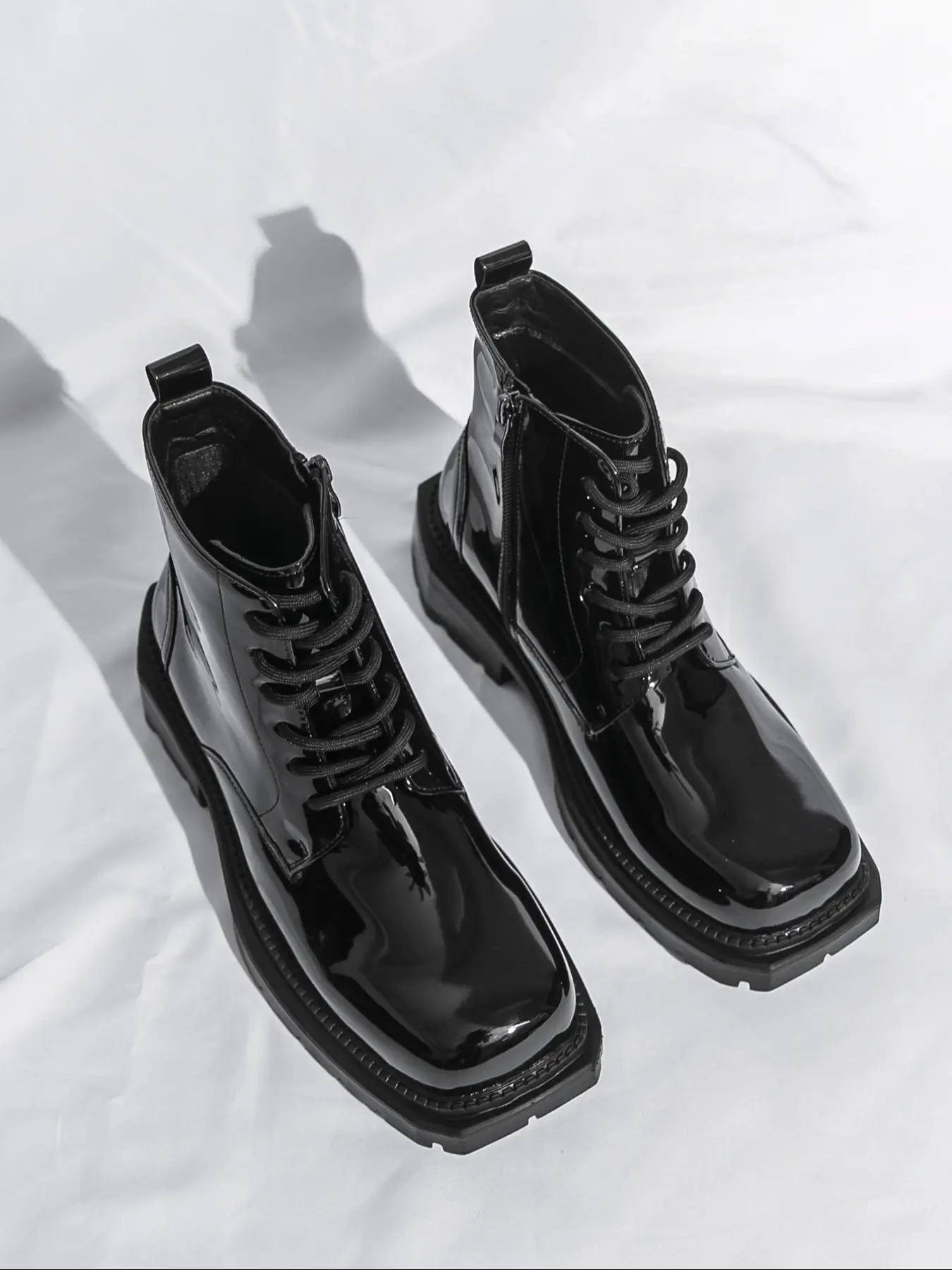 Men's Lace-Up Side Zip High-Top Boots, Square Toe, Casual Fashion Footwear, Shoe, Comfortable and Stylish, Perfect for Daily Wear, Rubber, Zipper Boots