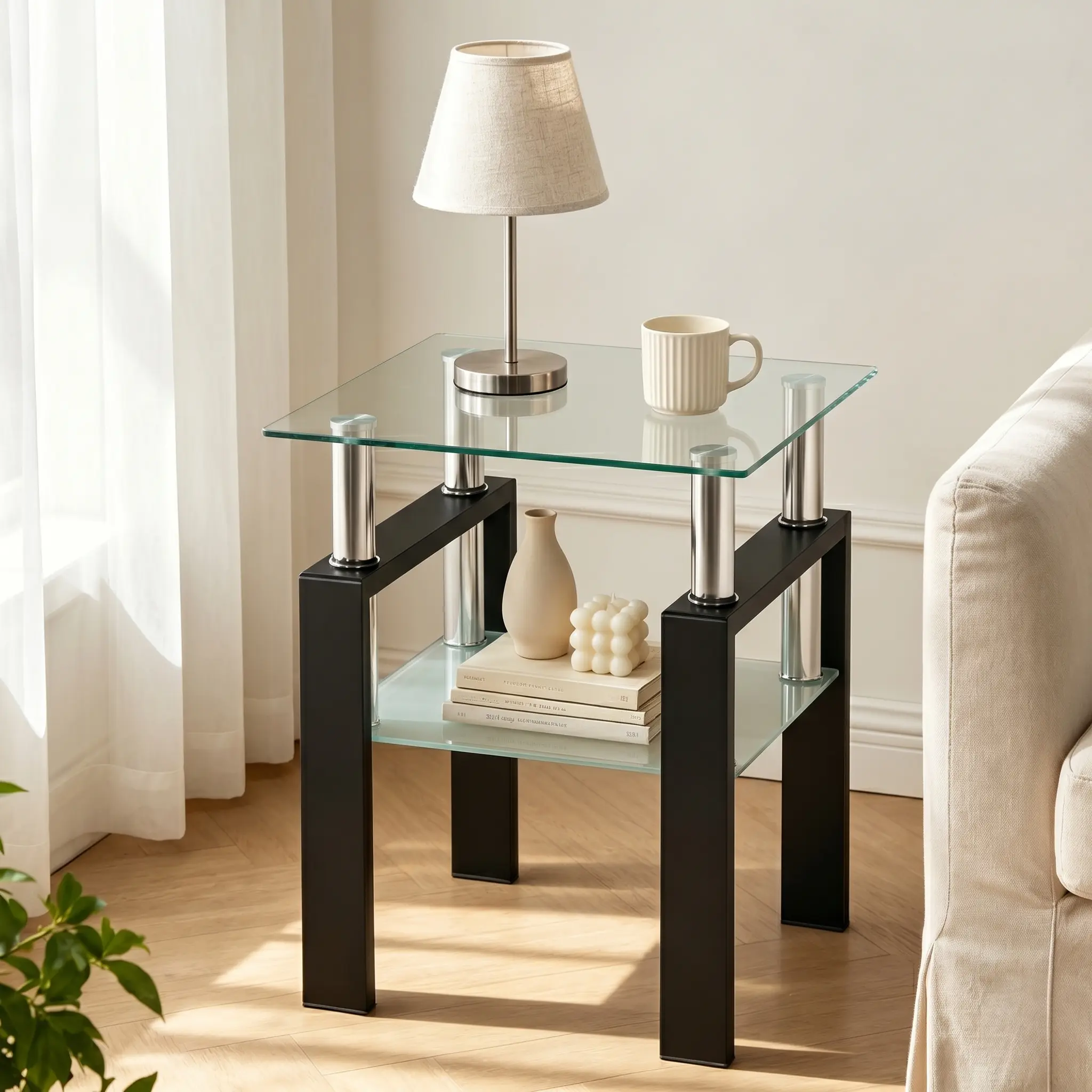 Modern Square Tempered Glass Assembly Set End Tables - Metal Frame Matching Small Side Tables for Living Room, Bedside Use