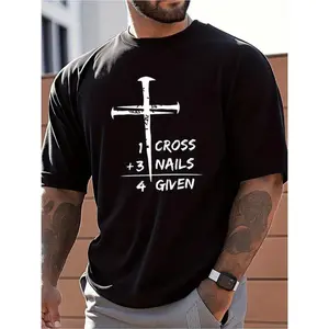 1 Cross + 3 Nails = 4 Given Christian Cross Graphic T-Shirt | Men's Black Cotton Short Sleeve Crew Neck Tee, Religious Faith Inspired Nail Cross Print, Casual Streetwear For Believers