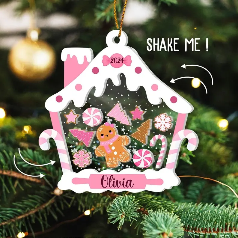 Personalized Gingerbread Name House Kids Ornament, Custom First Christmas Kids Ornament 2024, 1st Christmas Ornament, 4D Shake Kids Girl Ornament Decor Decoration