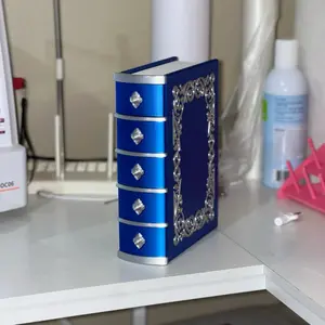 Book Nook Drawer Jewelry Box - Blue with Silver Accents and 4 Drawers for Organized Storage