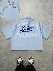 Men's letter striped short-sleeved single-breasted fitted casual blue shirt, suitable for travel, vacation, leisure, campus, street and all-match, Menswear