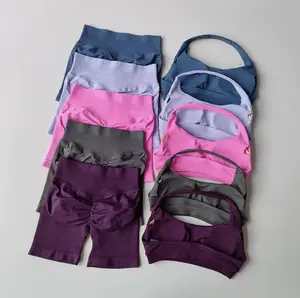 Sexy Halter Neck Beautiful Back High Waist Peach Sports Bras Shorts Suit Pilates Gathering Yoga Vest Training Fitness Bra Sets