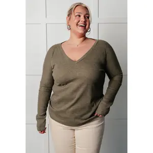 On a Roll Ribbed Knit V Neck Long Sleeve Top