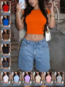 Women's Summer Street Style Navel-Revealing Slim Fit Short Sleeve T-Shirt, Casual Daily Wear, Sexy Fashion Design, Comfortable and Stylish