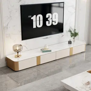 White and gold faux marble TV stand with 4 drawers for living room Furniture Luxury