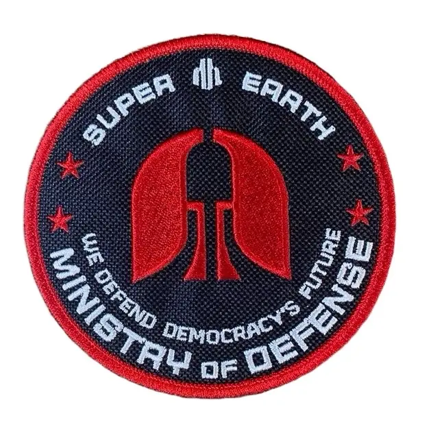 4-inch Embroidered Defend Democracy Patch with Red Helmet Insignia - Satirical Militaristic Tactical Accessory for Helldivers Fans, Iron-On/Sew-On/Hook Backing for Jackets, Bags, Tactical Accessories