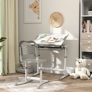 Height-Adjustable Table and Chair Set with Tilt Desktop, Storage Drawer, Pen Slot, Hook, Gray Children's Furniture Set
