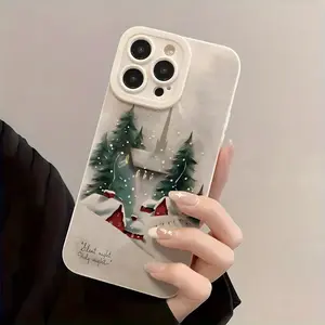 Happy Christmas Tree Wishes Joyful Holiday Seasonal Winter Snow House All-Inclusive Shockproof Phone Case, Stylish and Durable TPU Mobile Phone Protector, Compatible with iPhone 11/ 12/ 13/ 14/ 15/ 16 Pro Plus Pro Max, Best for Christmas