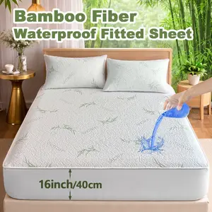 100% Bamboo Fiber Waterproof Bed Sheet Set, Bamboo Sheets, Hotel Luxury Soft Breathable, Includes Fitted Sheet and Pillowcases, 16 Inch Deep Pocket Design