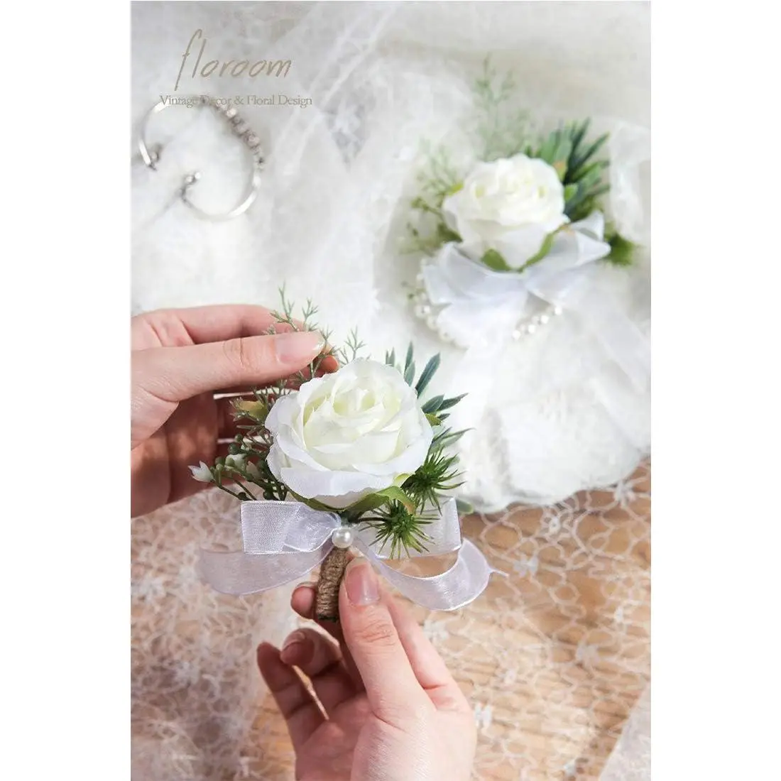 Floroom Ivory Rose Wrist Corsage Wristlet Band Bracelet and Men Boutonniere Set for White Wedding Flower Accessories Prom Suit Decorations
