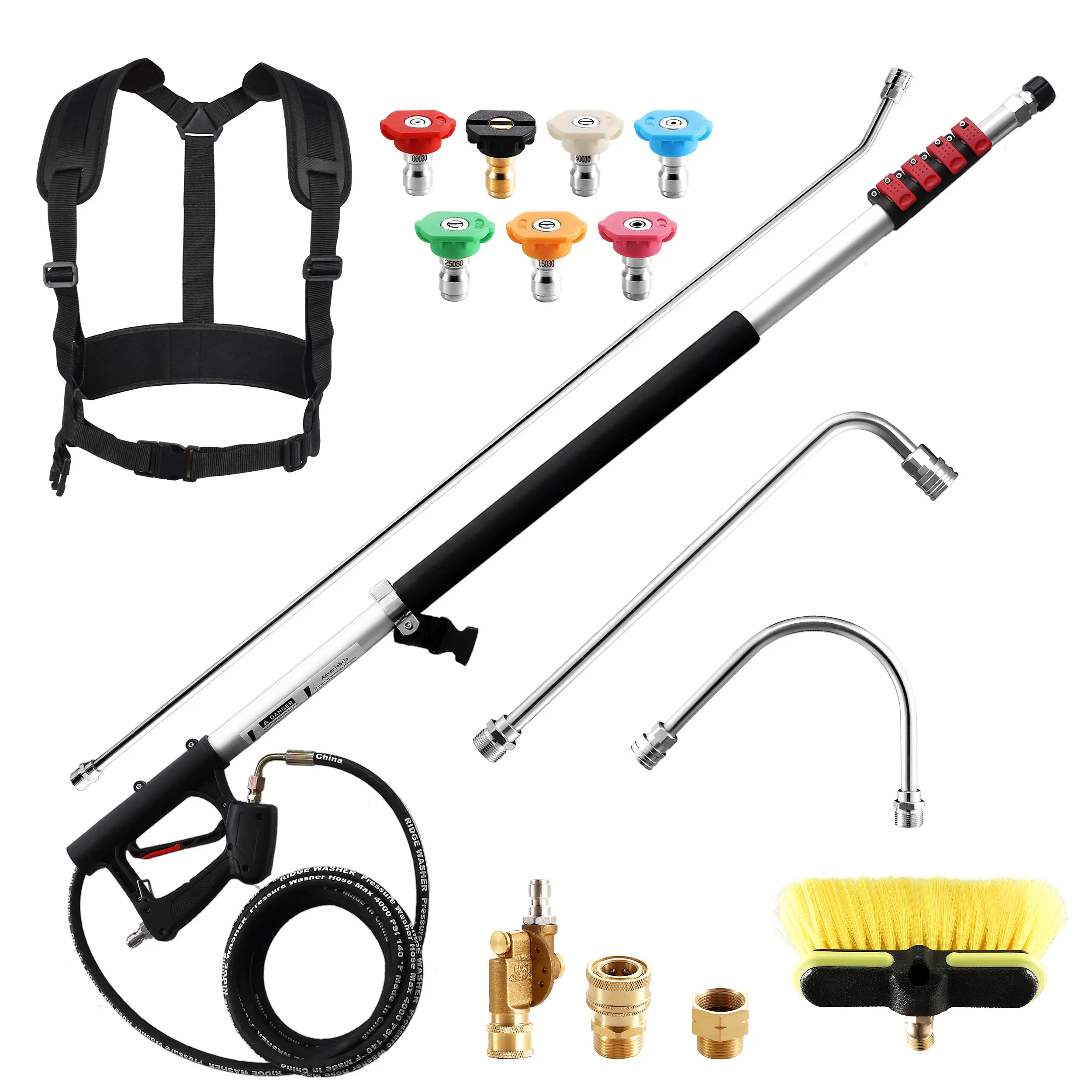 RIDGE WASHER 24 ft Aluminum Telescoping Pressure Washer Wand - 4000 PSI Gutter Cleaner, Car Wash Equipment with Comfortable Grip, Brush, 3 Stainless Steel Curve Extension Wands, Adjustable Strap, 7 Nozzles, 2 Adapters, 3/8 Inch Quick Plug, Car Wash Set