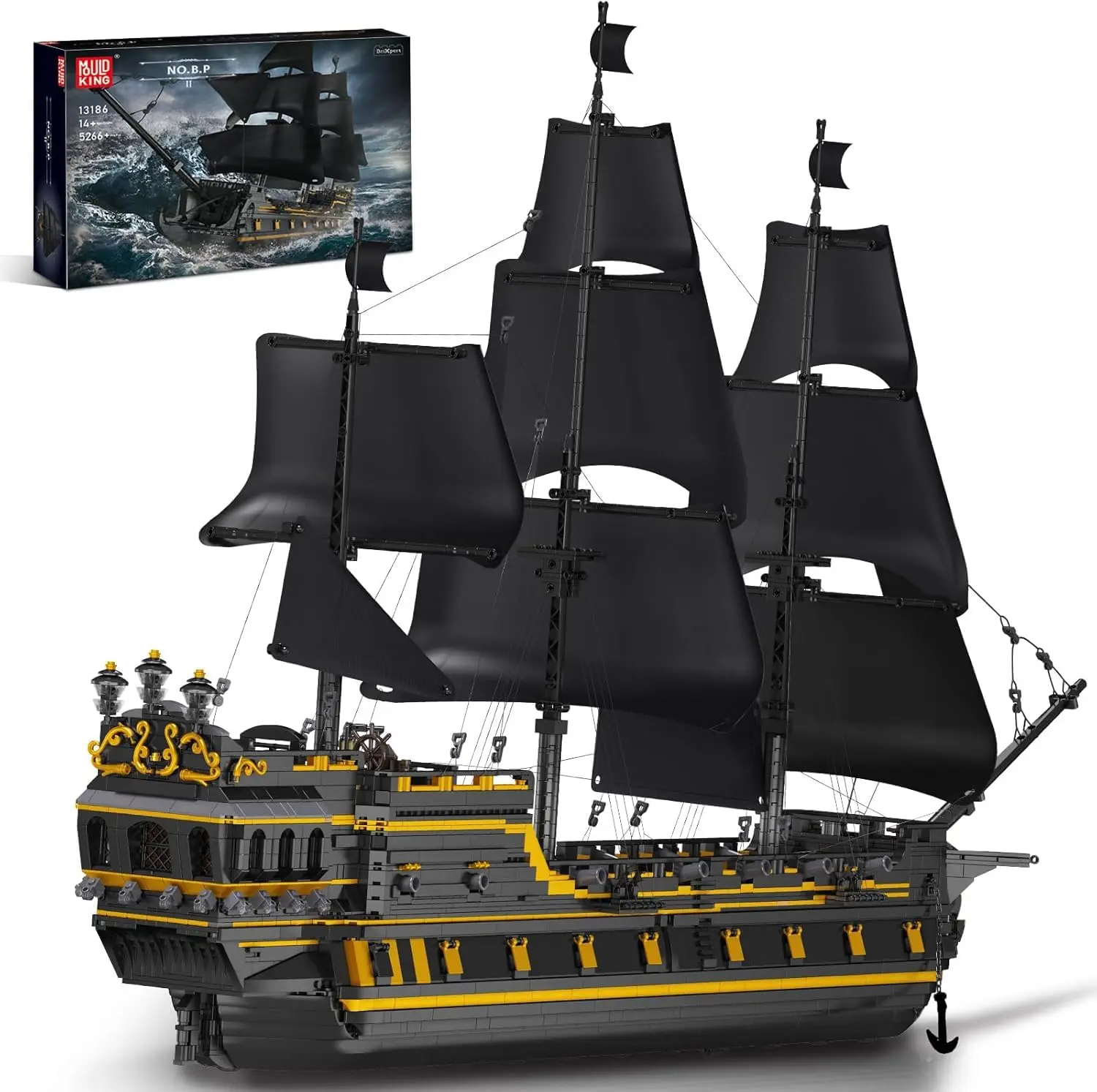 Mould King 13186 Black Pearl Pirate Ship Sailboat Building Blocks Set, STEM Learning DIY Brick Kit, 5266-Piece Clamp Building Toy Gift for Hobbyists